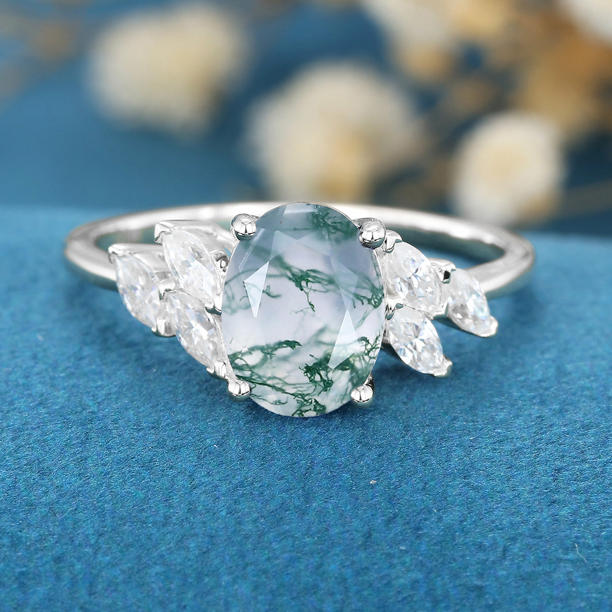 Oval Cut Natural Green Moss Agate Cluster Engagement Ring
