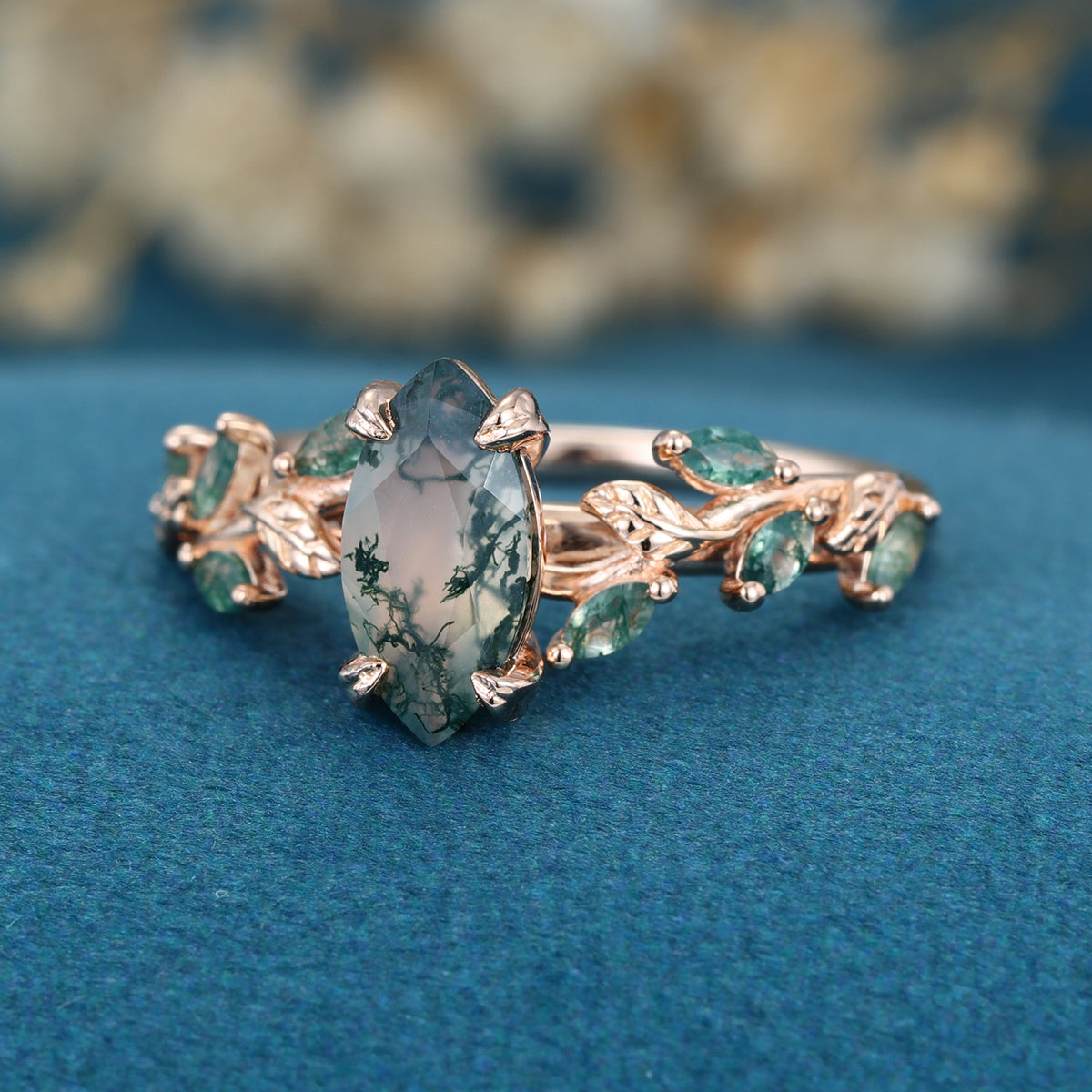 Nature Inspired Marquise cut Moss Agate Solid Gold Engagement Ring