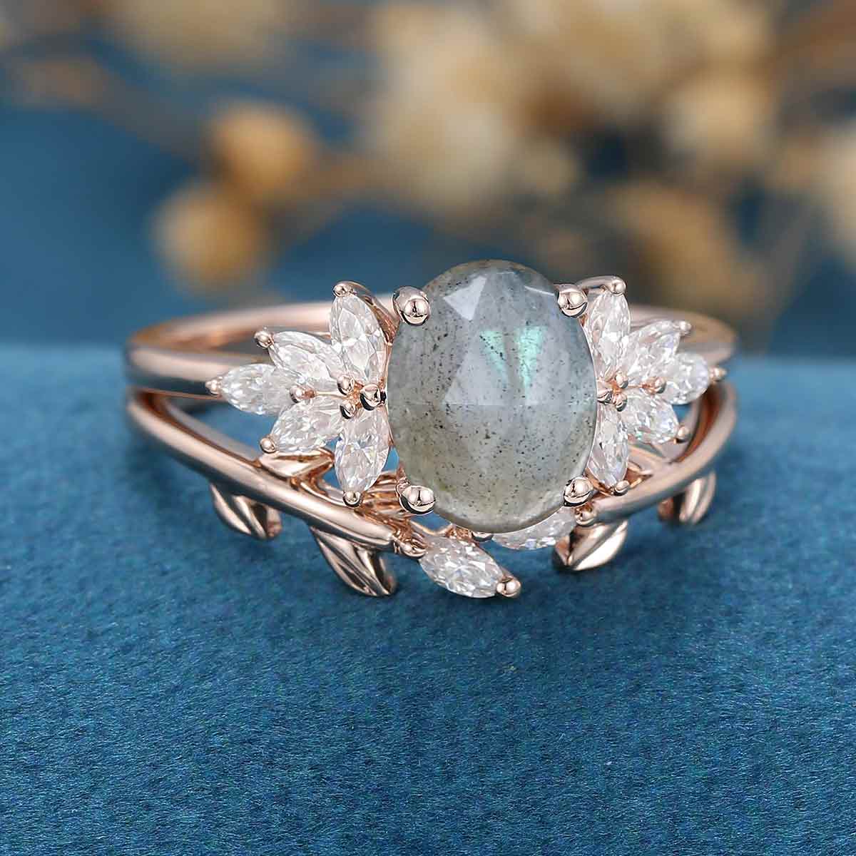 Oval cut Labradorite Cluster Engagement ring Bridal Set
