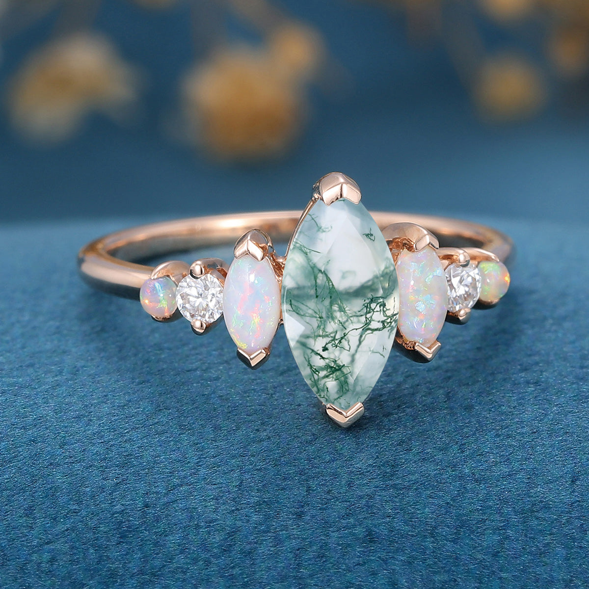 Natural Moss Agate Marqu Cut Cluster Engagement rings