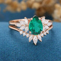 Pear cut Lab Emerald Cluster Engagement ring Bridal Set