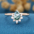 Pear Cut Natural Green Moss Agate Cluster Engagement Ring