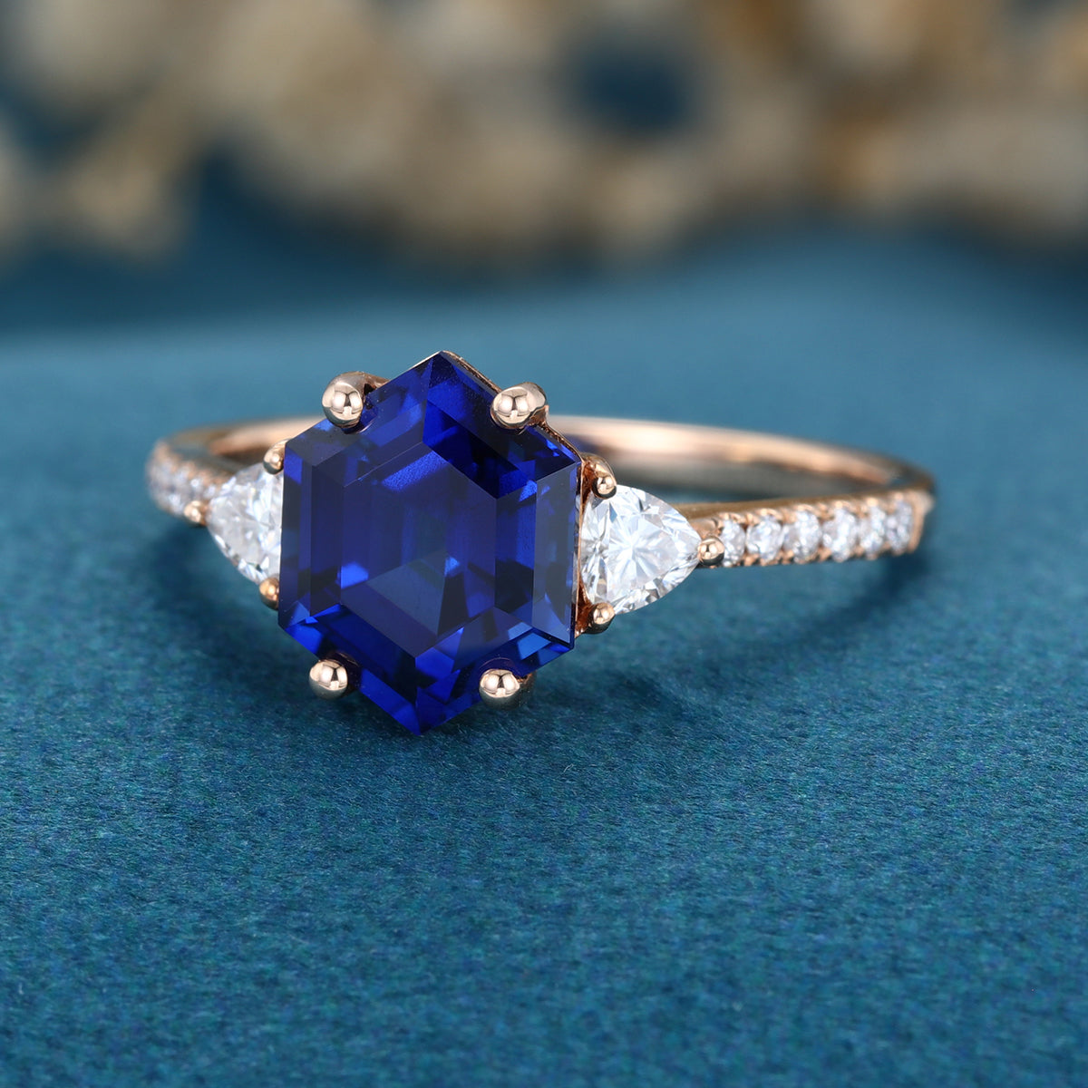 Hexagon cut Lab Blue Sapphire Solid Gold Engagement Ring