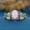 Oval cut Lab Pink Opal + Moss agate Rose Gold Wedding Bridal Set