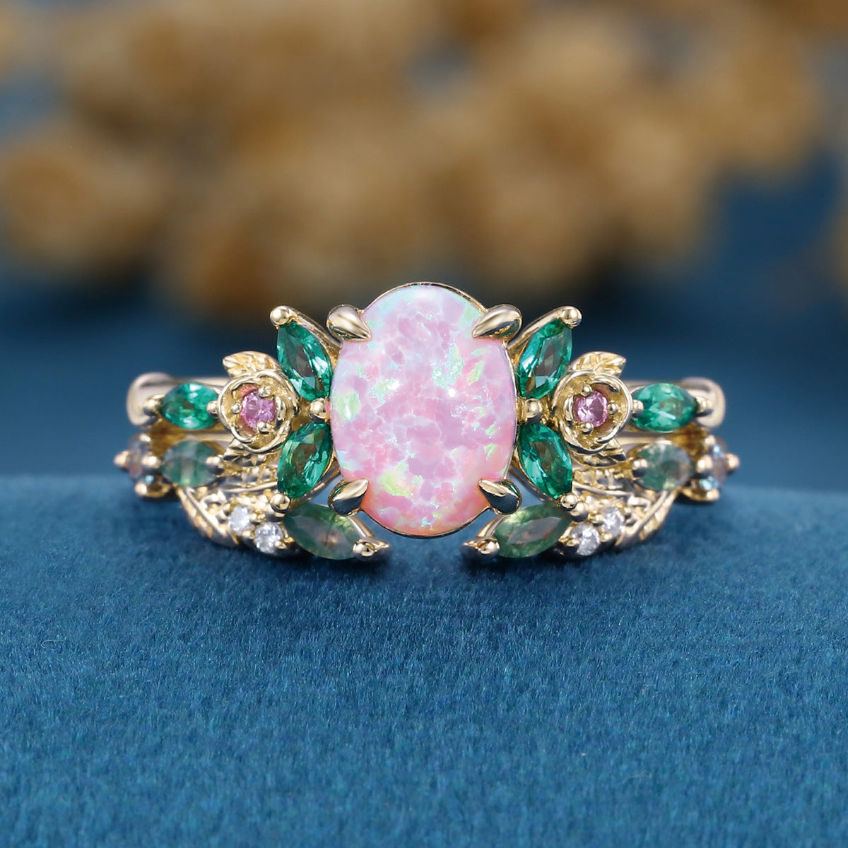 Oval cut Lab Pink Opal + Moss agate Rose Gold Wedding Bridal Set