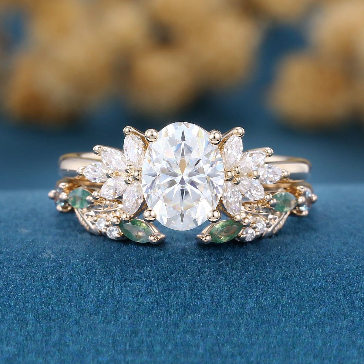 Oval cut Moissanite Engagement ring +Moss agate Wedding Bridal set