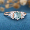 Hexagon Cut Natural Green Moss Agate Cluster Engagement Ring