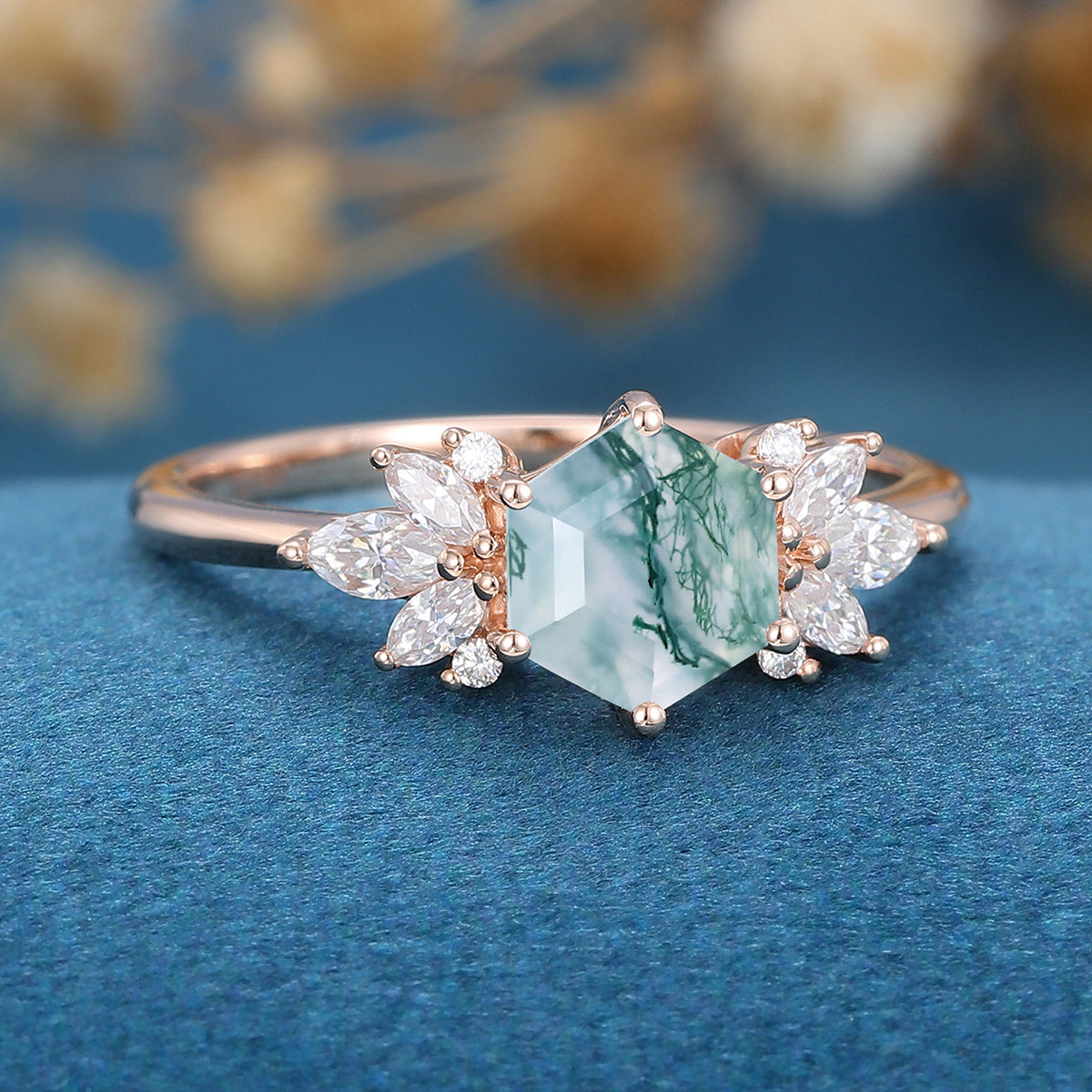 Hexagon Cut Natural Green Moss Agate Cluster Engagement Ring