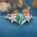 Oval Cut Natural Green Moss Agate Cluster Engagement Ring