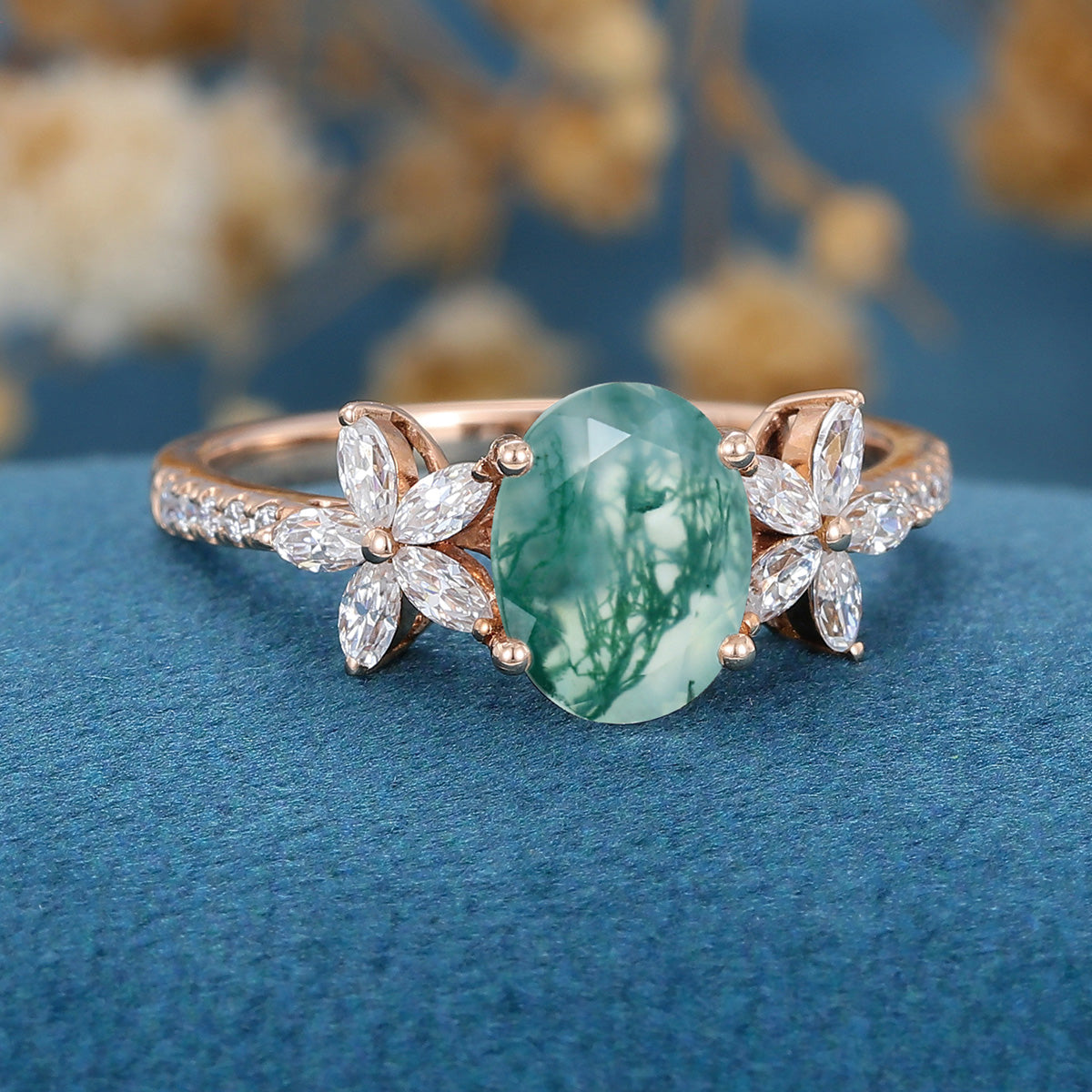 Oval Cut Natural Green Moss Agate Cluster Engagement Ring