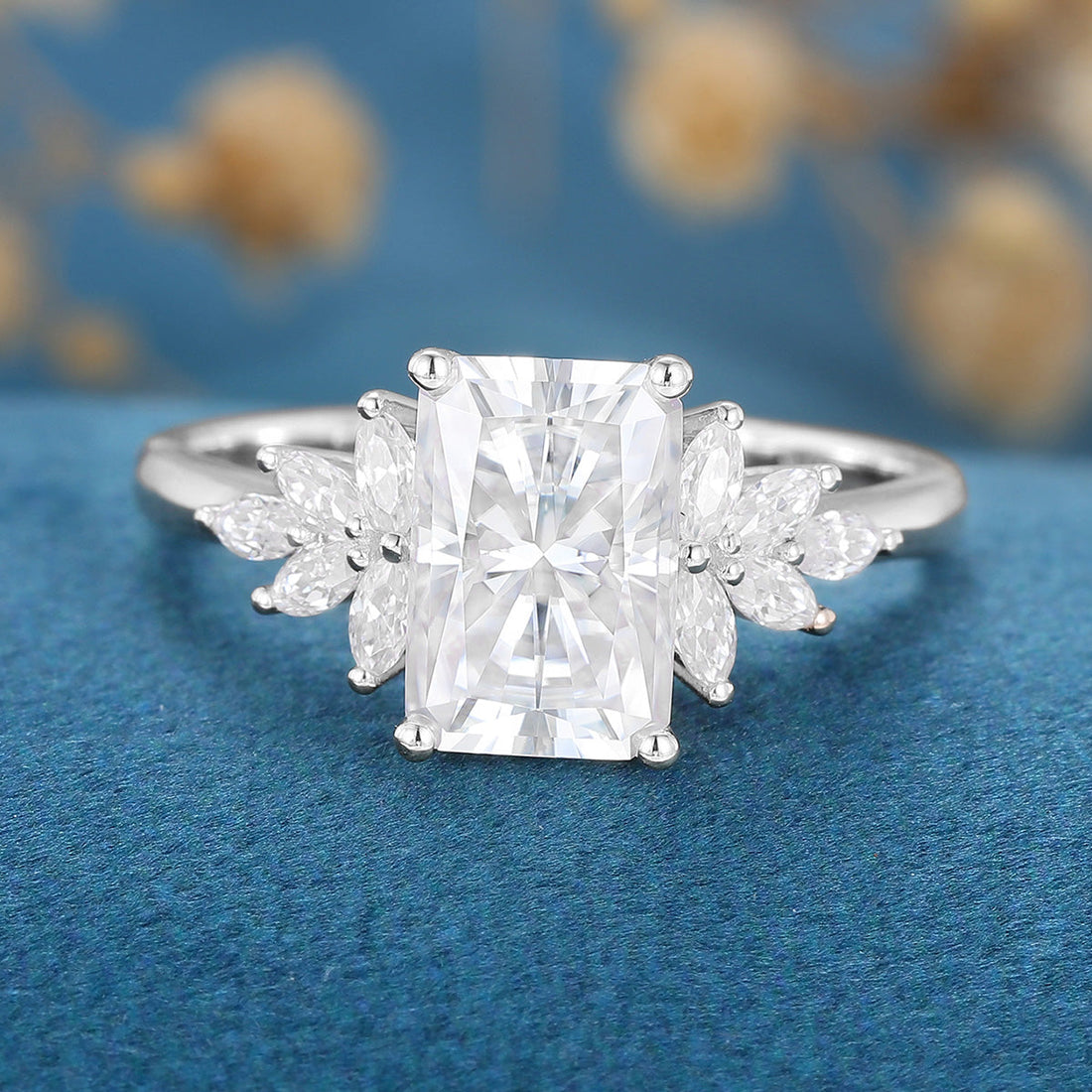 Radiant cut Moissanite Cluster Engagement Ring