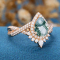 Pear Cut Natural Green Moss Agate Cluster Engagement Ring