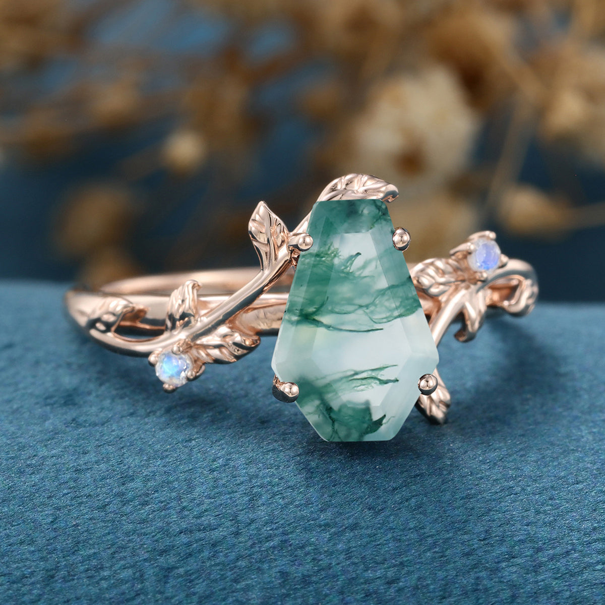 Coffin Cut Natural Green Moss Agate  Engagement Ring