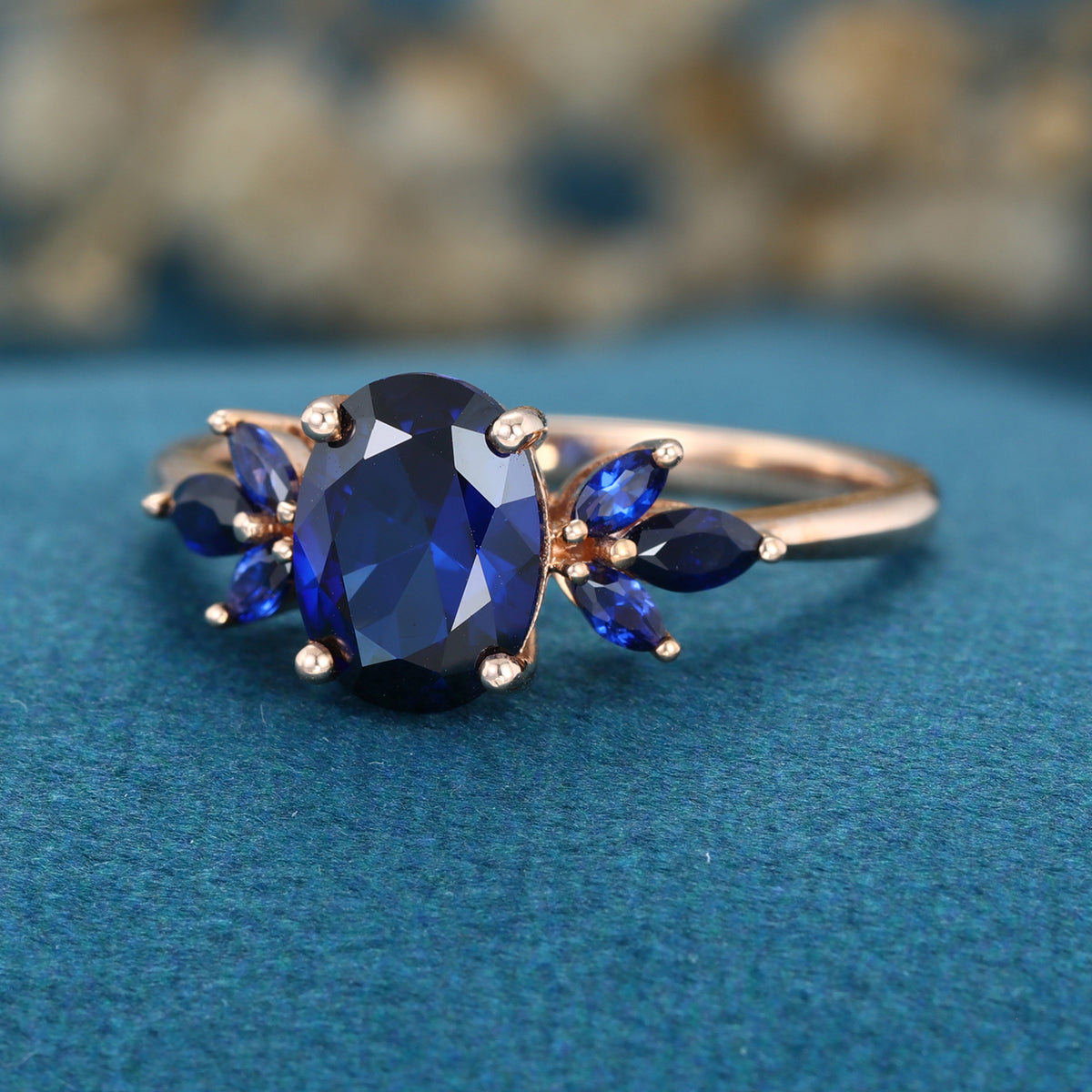 Pear Cut Lab Blue Sapphire Solid Gold Engagement Ring