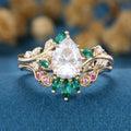 Pear Moissanite Engagement ring + Pink Sapphire | Lab Emerald Curved Wedding bridal set