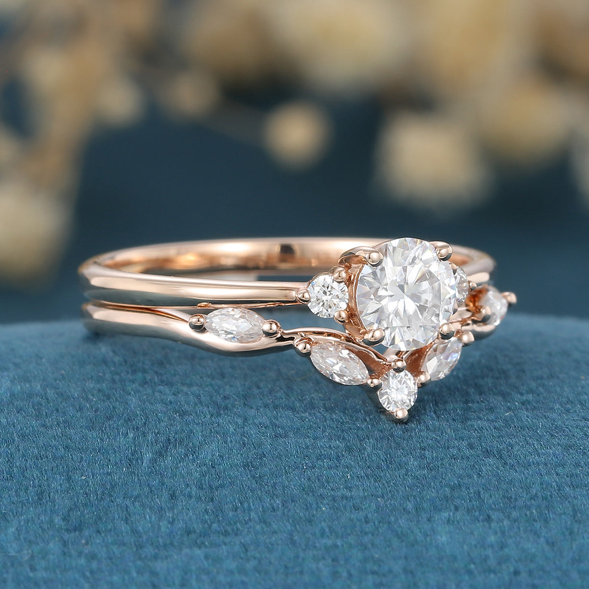 Round cut Moissanite Engagement ring White gold Diamond Wedding Bridal Set