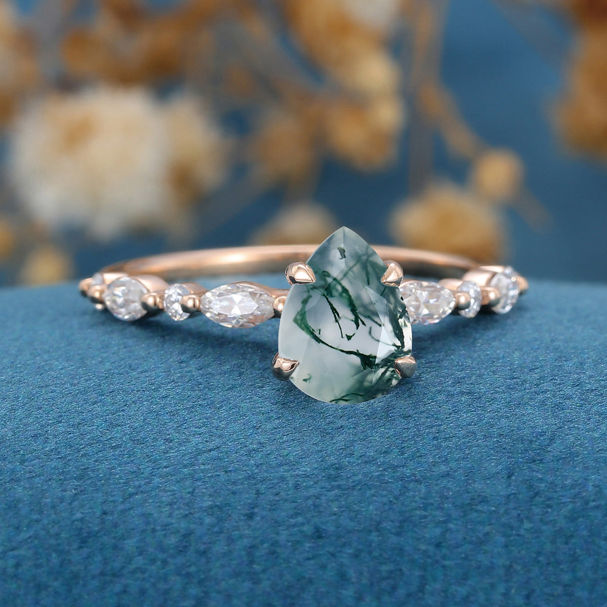 Natural Green Moss Agate pear cut cluster Engagement Ring