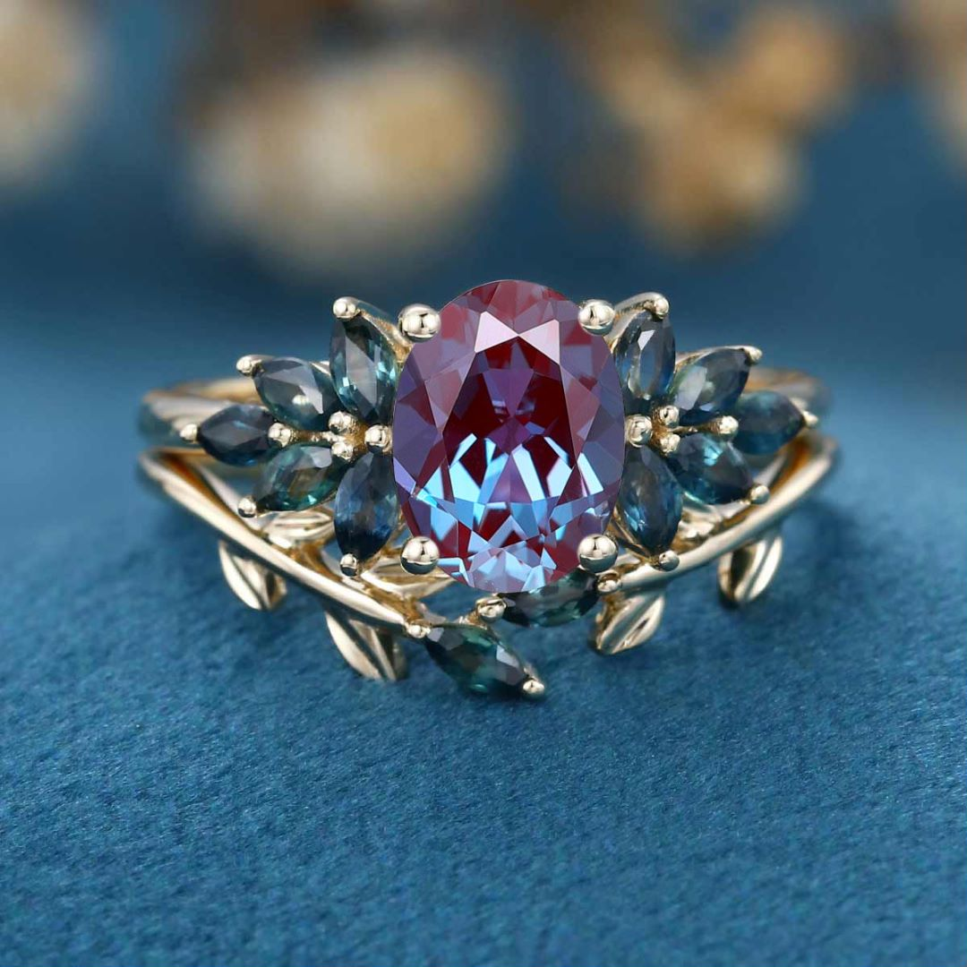 Oval cut Lab Alexandrite Cluster Engagement Ring Bridal Set