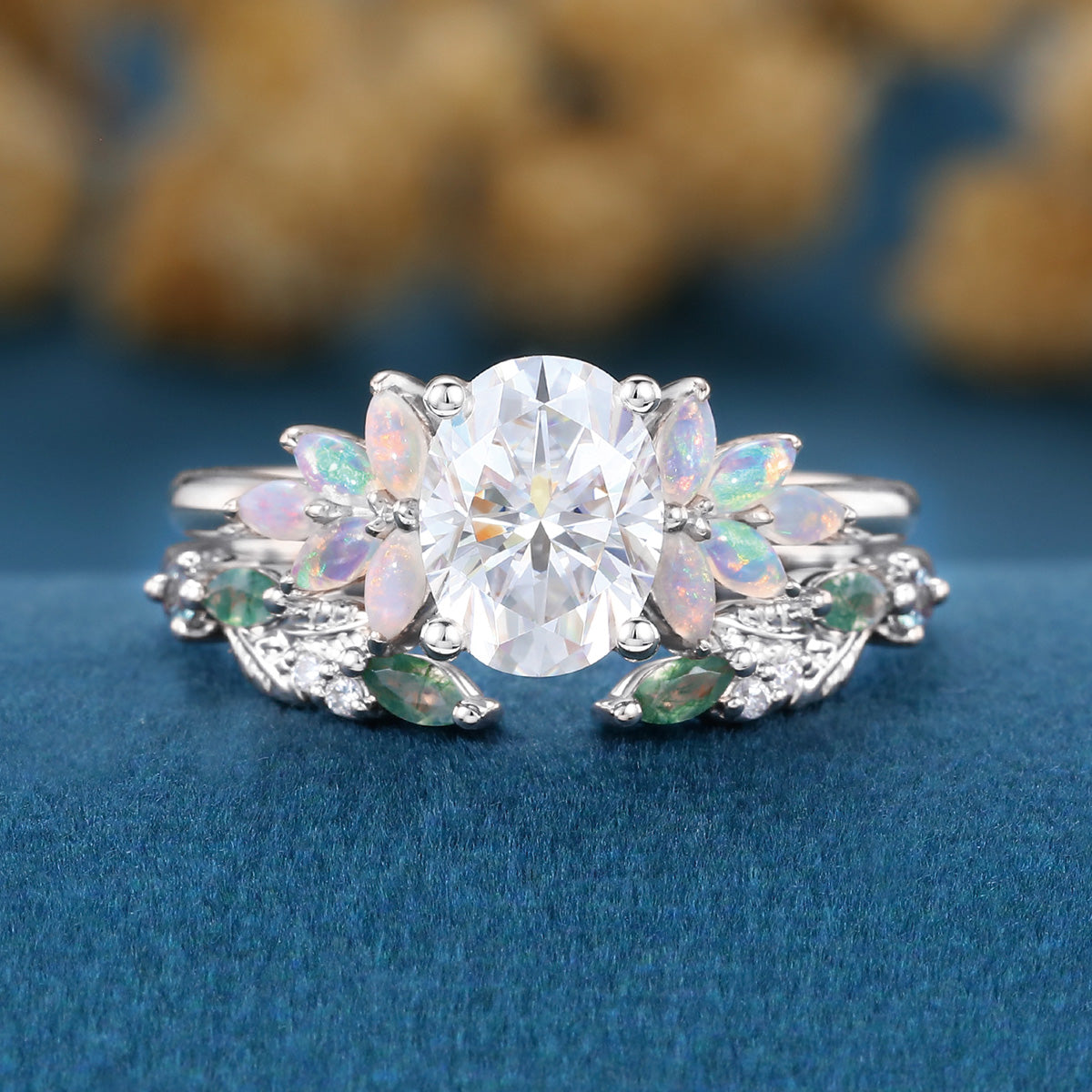 Oval cut Moissanite+ Opal Engagement ring Moss agate Wedding Bridal set