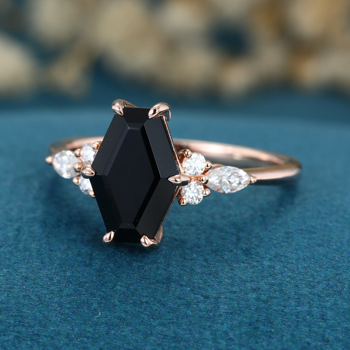 Coffin cut Black Onyx Solid Gold Engagement Ring