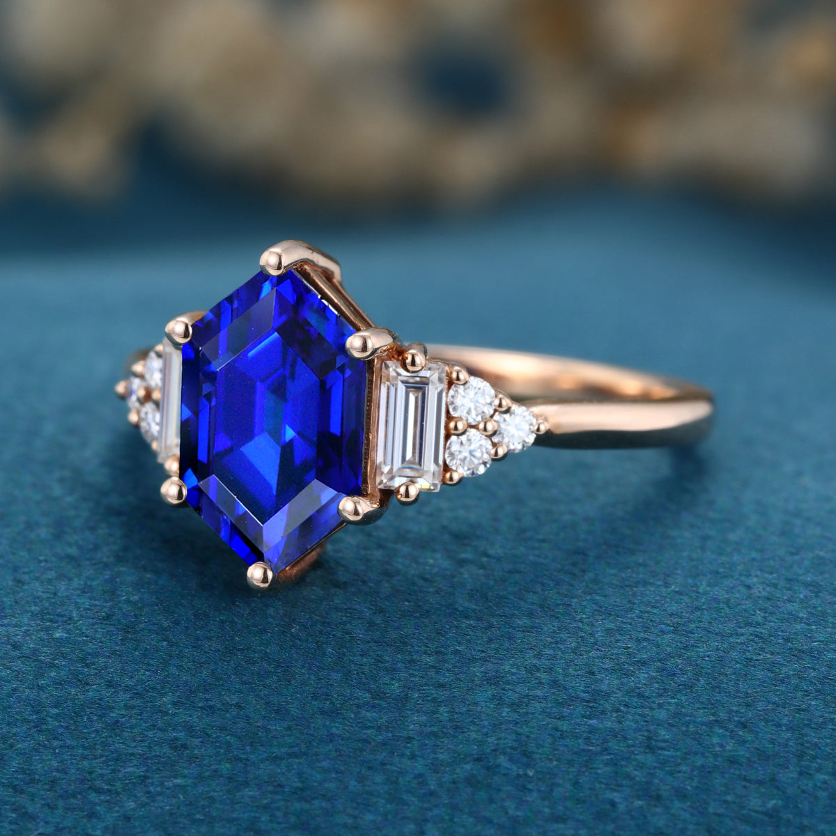 Hexagon cut Lab Blue Sapphire Solid Gold Engagement Ring