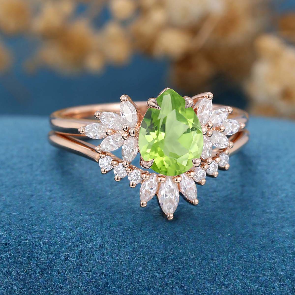 Pear cut Olivine Cluster Engagement ring Bridal Set