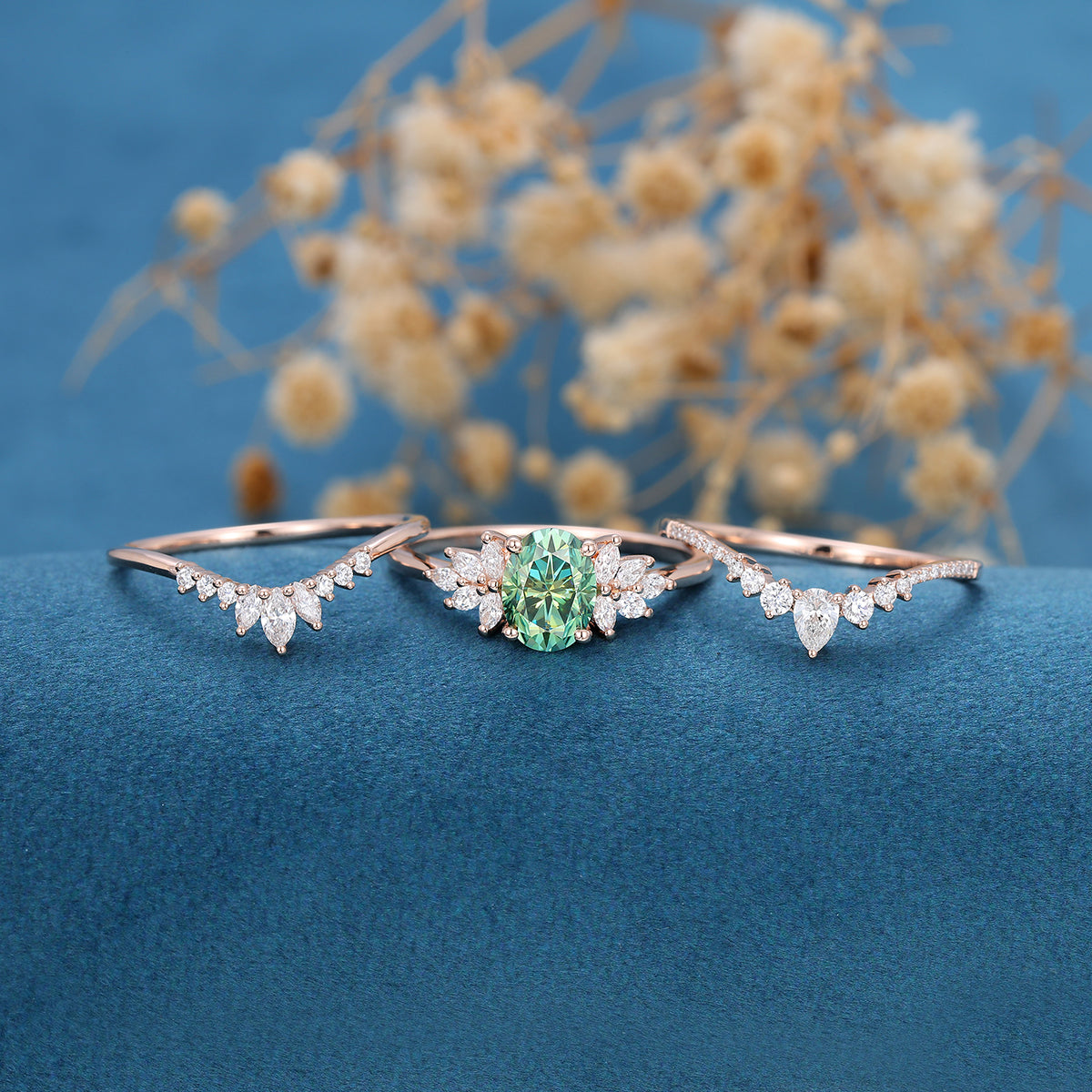 3PCS 1.5 Carat Oval cut Green Moissanite Cluster Engagement Bridal Set