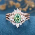 3PCS 1.5 Carat Oval cut Green Moissanite Cluster Engagement Bridal Set