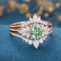 3PCS 1.5 Carat Oval cut Green Moissanite Cluster Engagement Bridal Set