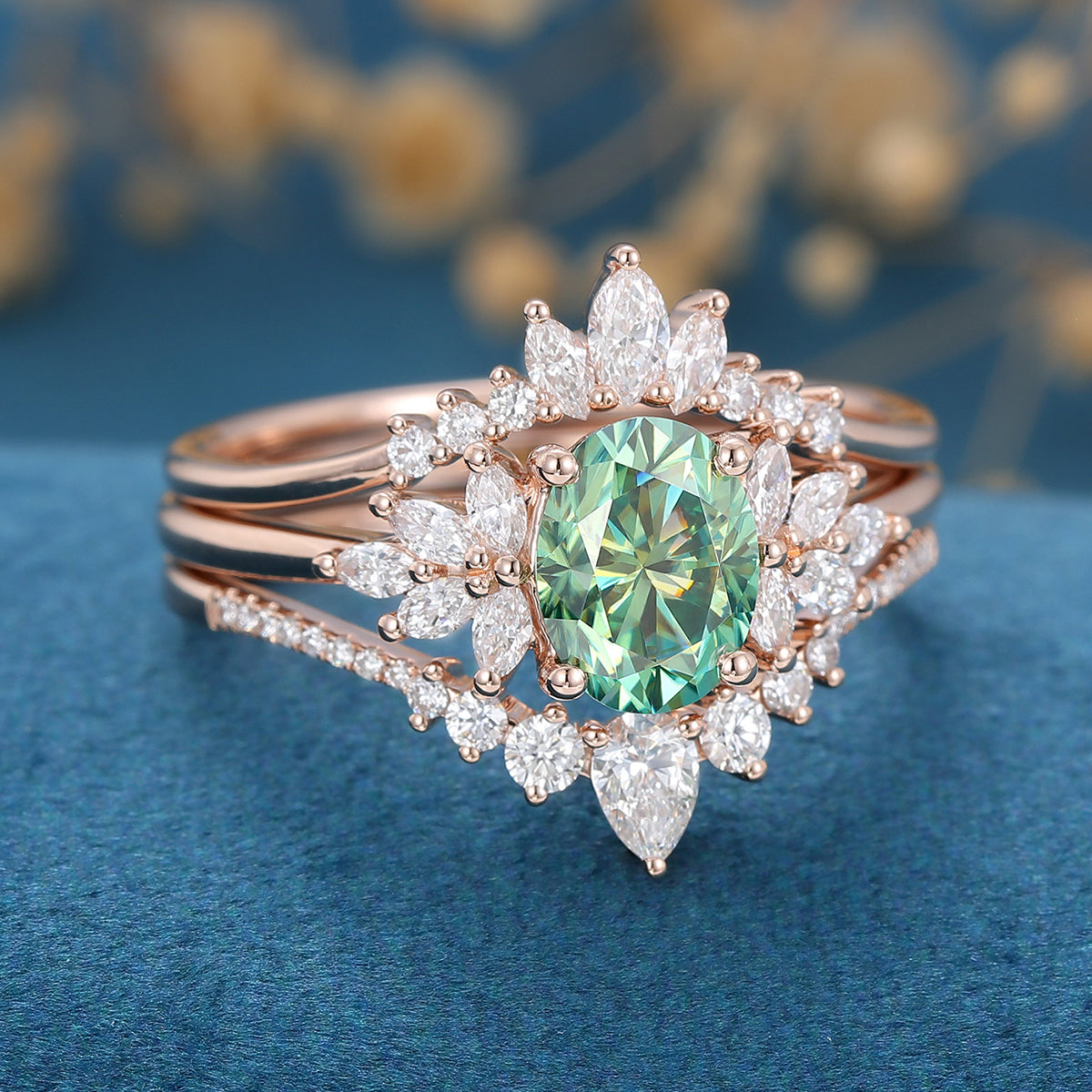 3PCS 1.5 Carat Oval cut Green Moissanite Cluster Engagement Bridal Set