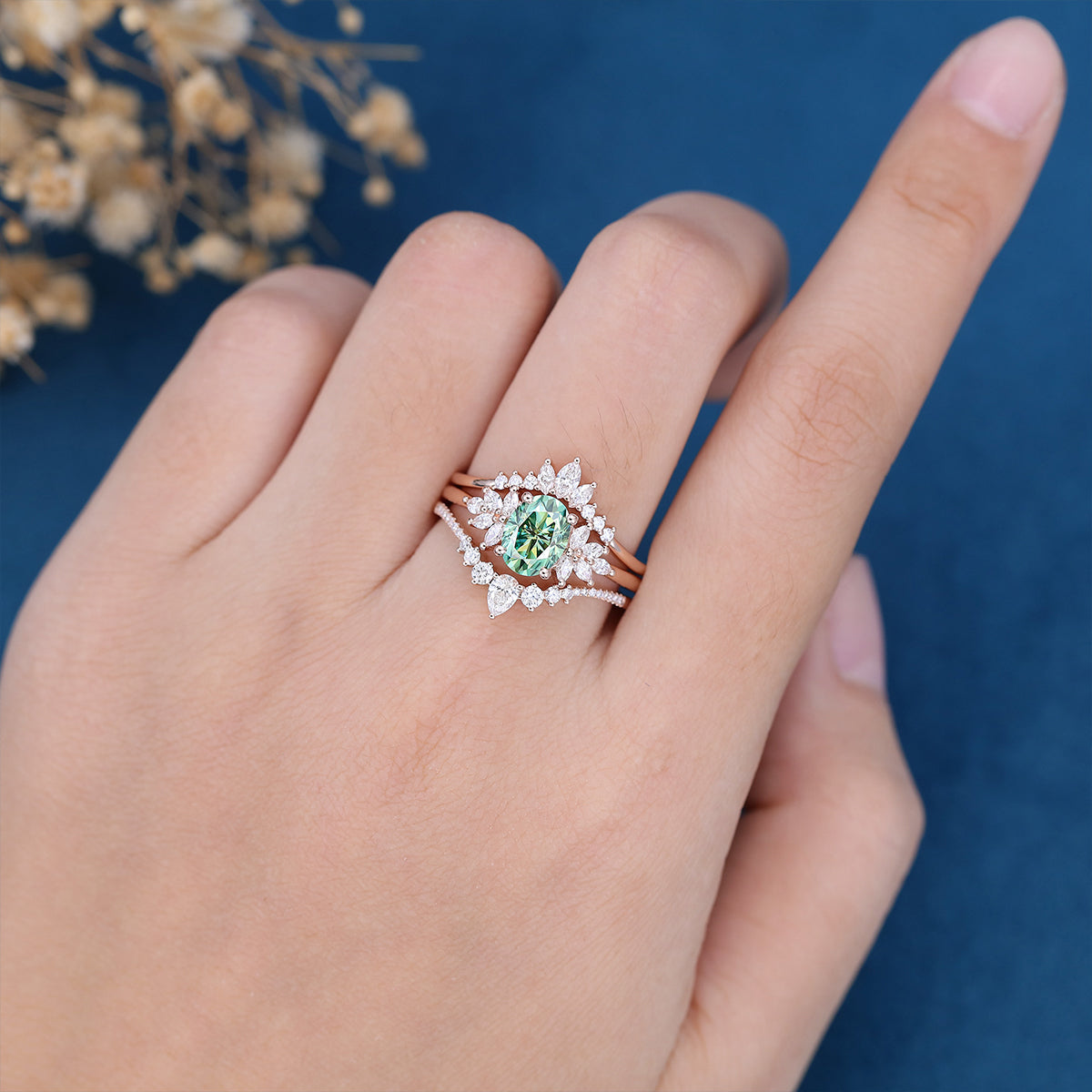 3PCS 1.5 Carat Oval cut Green Moissanite Cluster Engagement Bridal Set