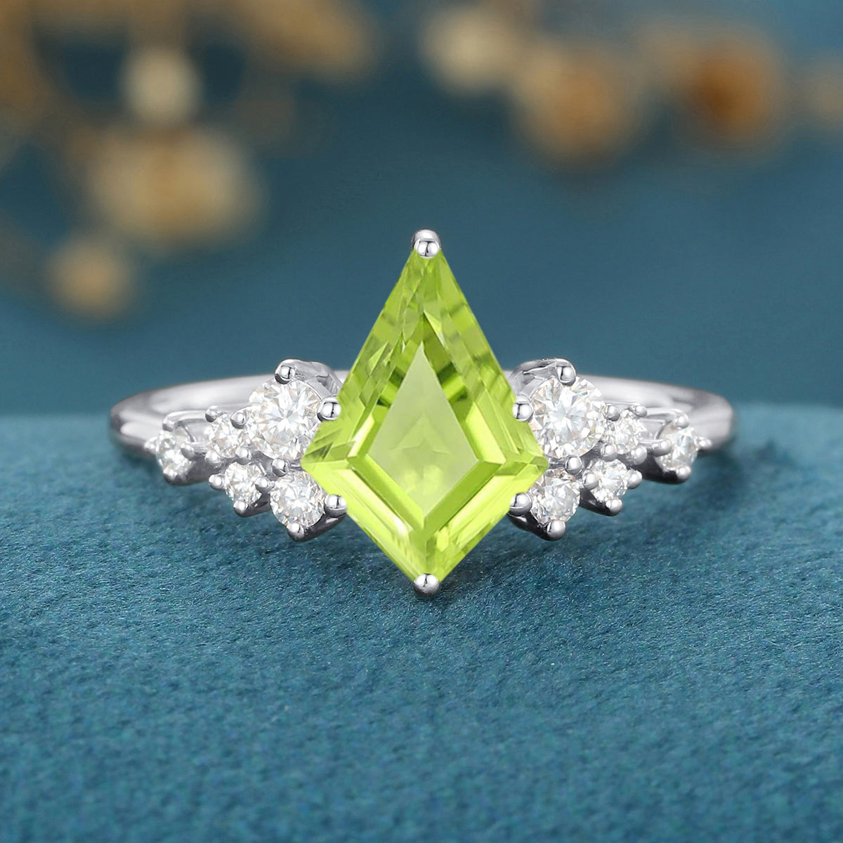 Kite Cut Olivine Cluster Engagement Ring