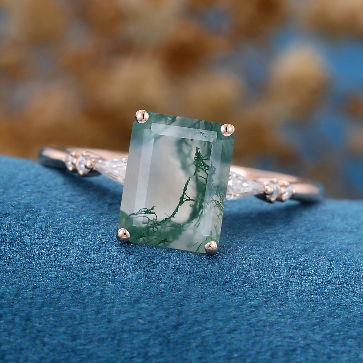 Emerald Cut Natural Green Moss Agate Cluster Engagement Ring