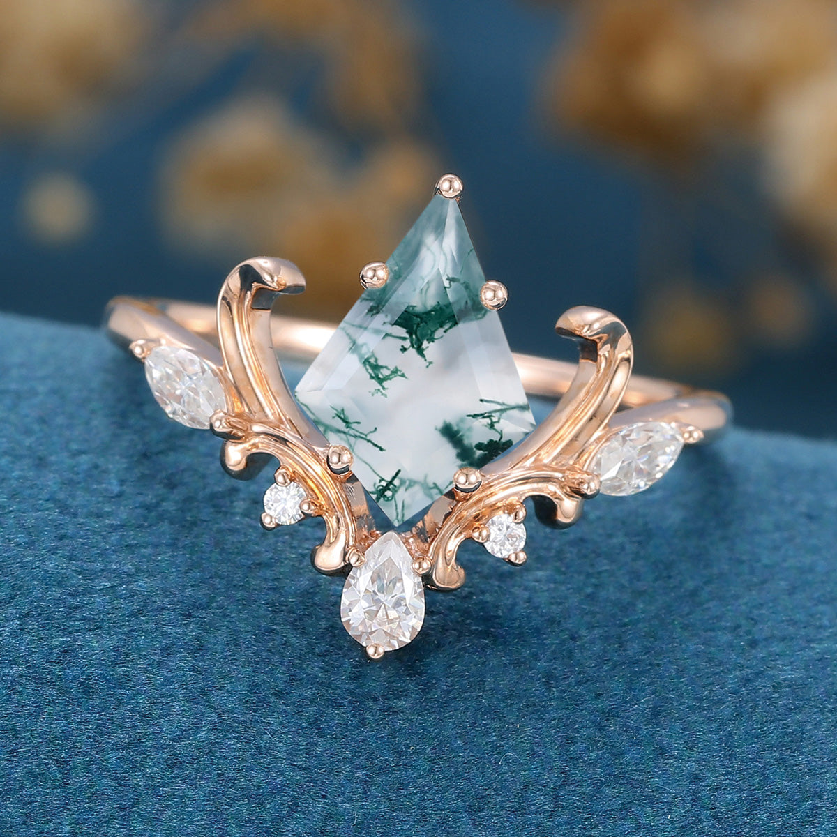 Kite Cut Natural Green Moss Agate Cluster Engagement Ring