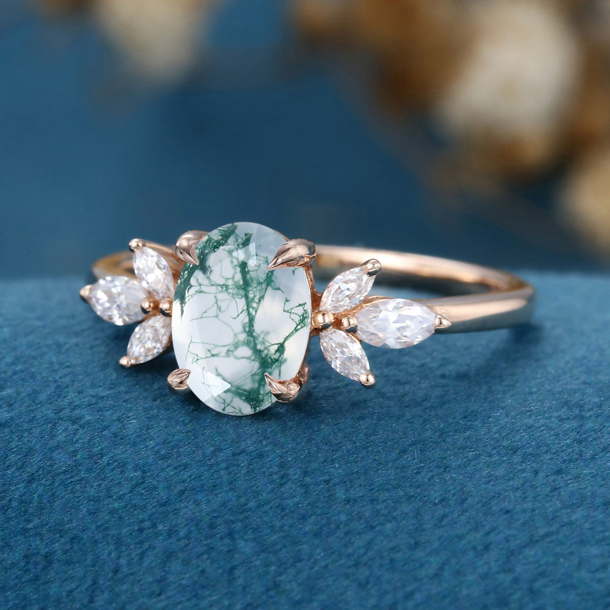 1.5ct Oval cut Moss Agate Engagement Ring