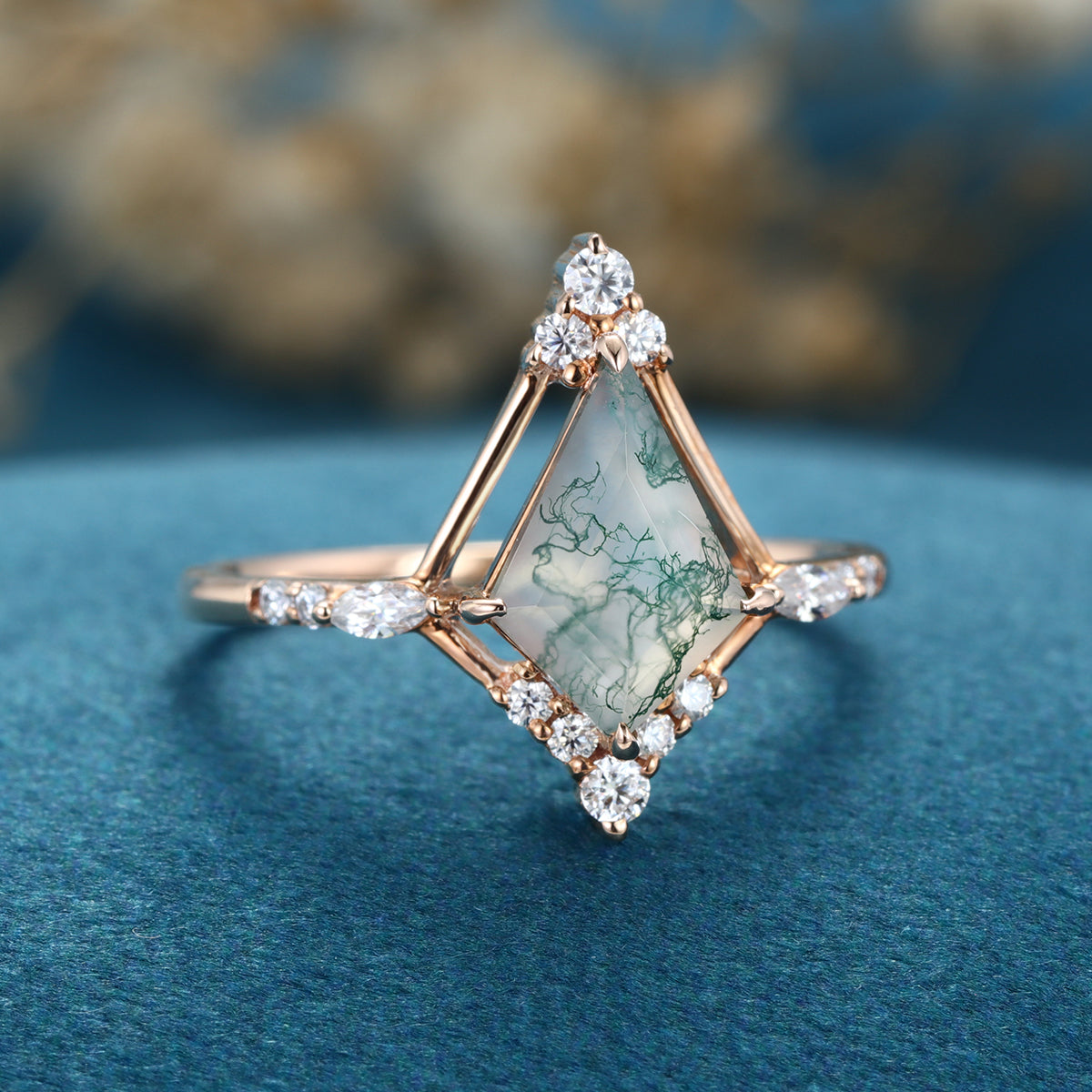 Kite cut Moss Agate Gold Engagement Ring