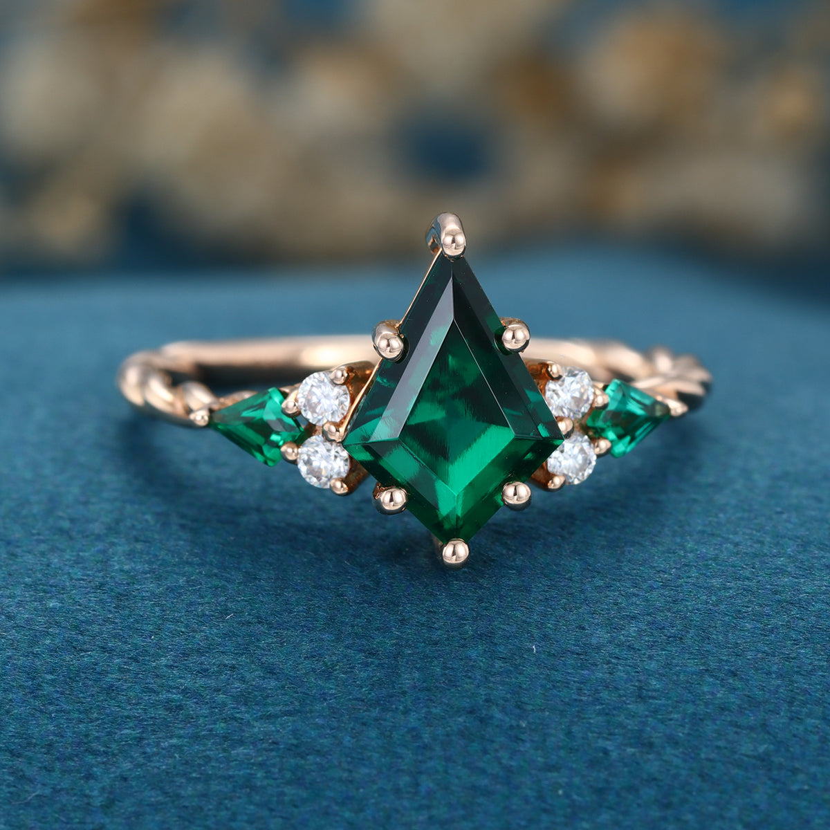 Kite cut Lab grown Emerald Solid Gold Engagement Ring
