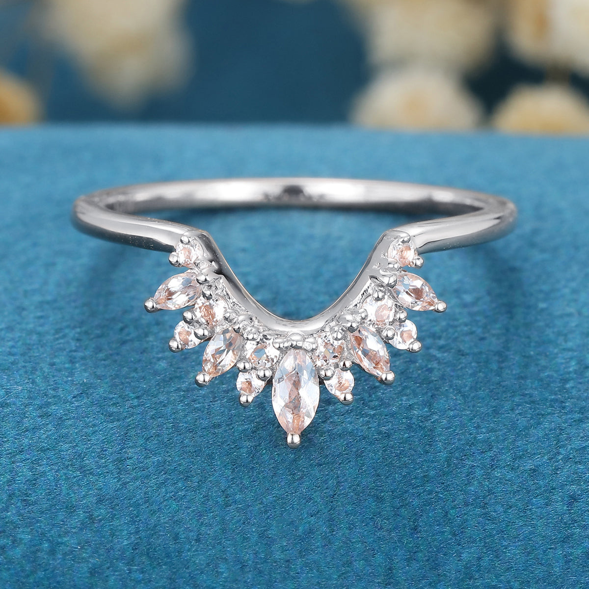 Marquise cut moonstone | Round Diamond Curved Wedding Band Ring