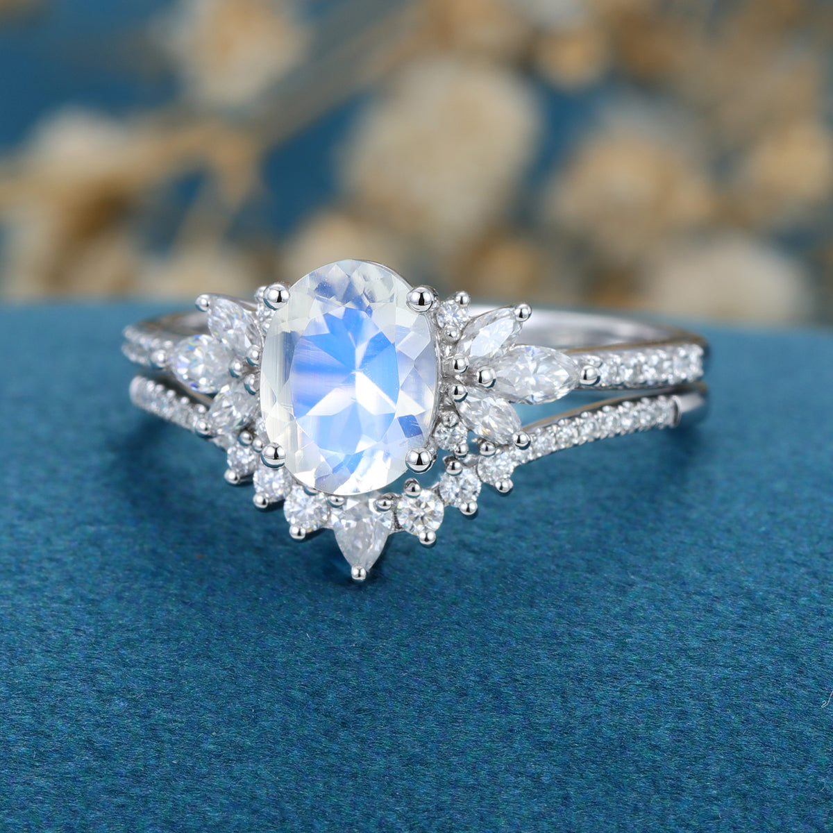 1.5 Carat Oval cut Moonstone Cluster Engagement ring Bridal Set