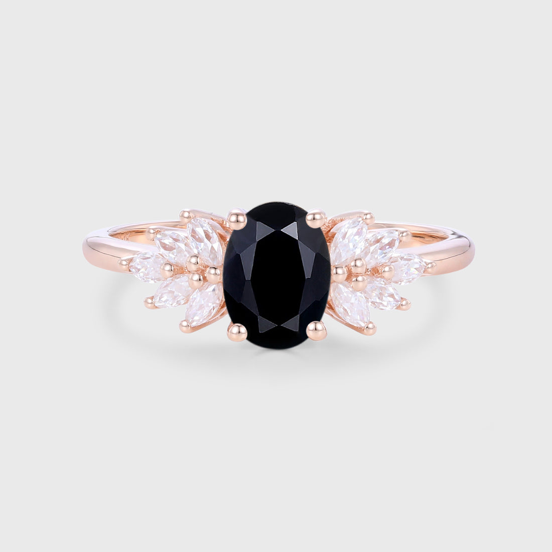Oval cut Black Sapphire Cluster Engagement ring