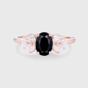Oval cut Black Sapphire Cluster Engagement ring