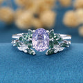 Vintage Oval cut Lavender Amethyst  + Moss agate Wedding Bridal Set
