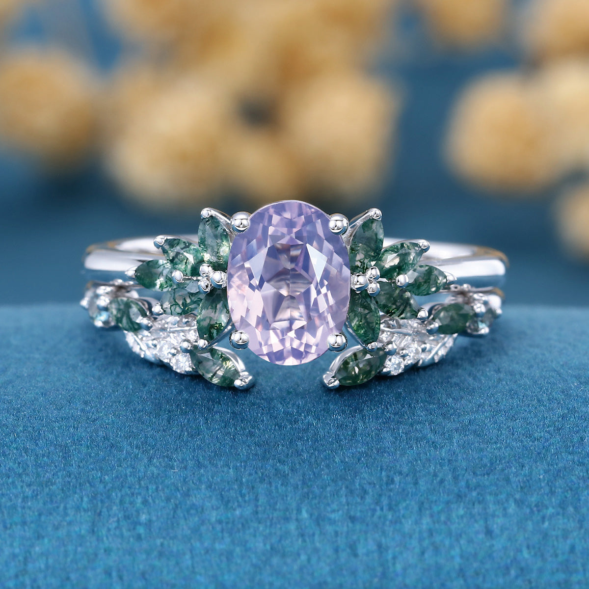 Vintage Oval cut Lavender Amethyst  + Moss agate Wedding Bridal Set