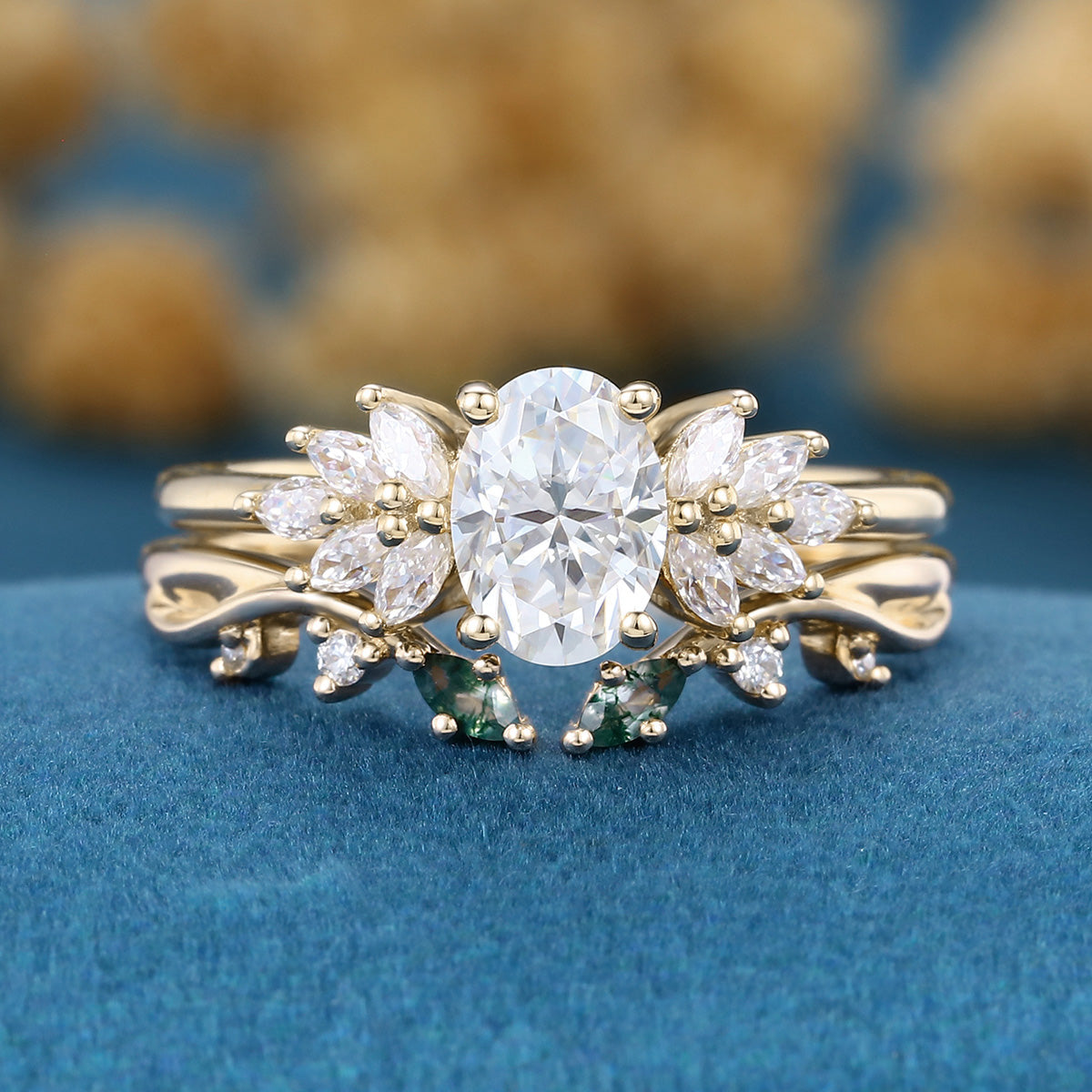 Oval cut 1.0 Carat Lab-Grown Diamond+Moss agate Wedding Bridal set