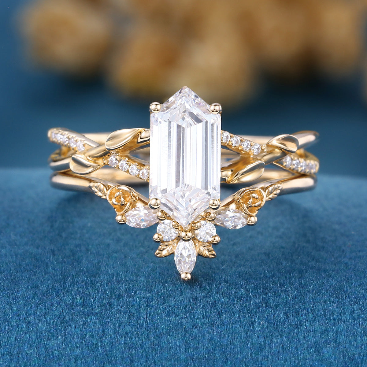 Long Hexagon cut Lab-Grown Diamond Wedding Bridal Set