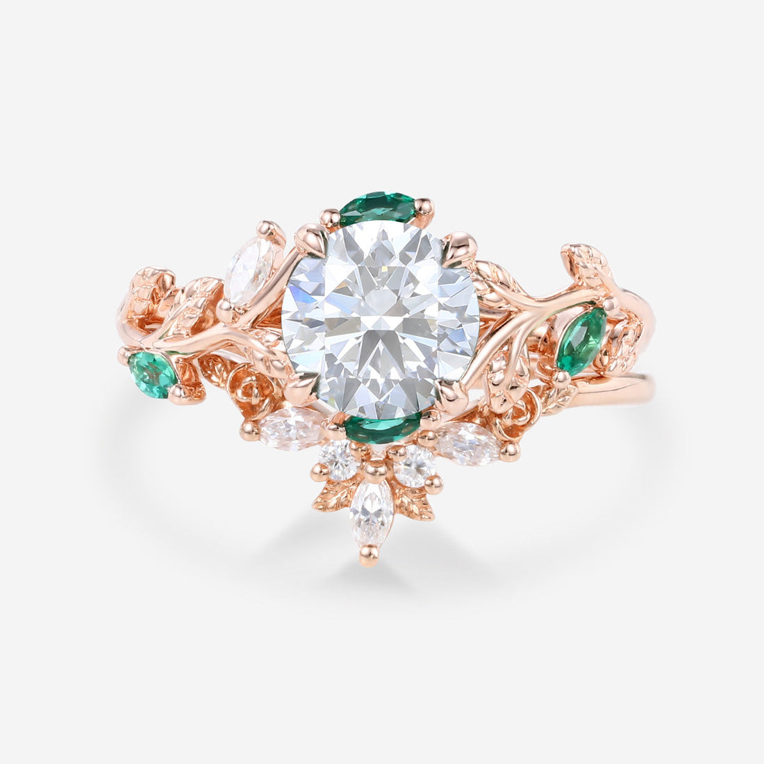 Pear Moissanite Engagement ring + Pink Sapphire | Lab Emerald Curved Wedding bridal set