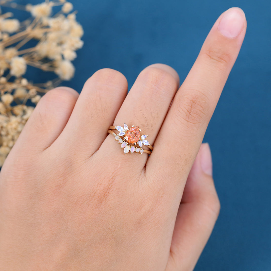 1.2 Carat Pear Sun Stone + Moonstone Cluster  | Opal wedding Bridal Set