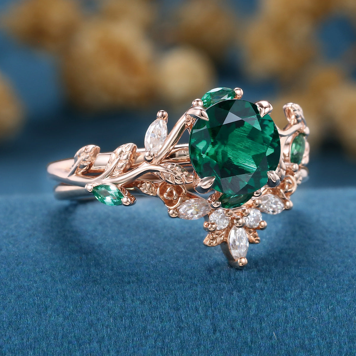 Vintage Round cut Lab Emerald Wedding Bridal set