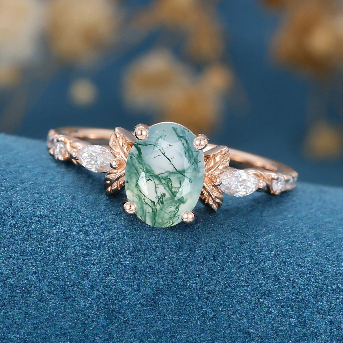 Natural Green Moss Agate Oval cut cluster Engagement Ring