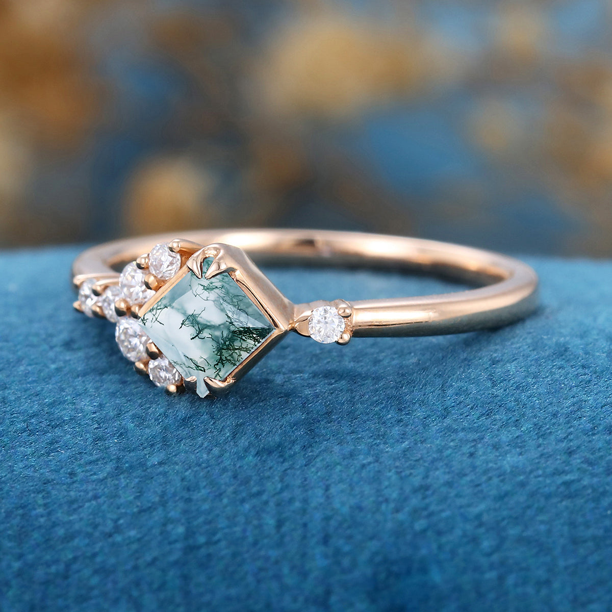 Princess Square  Cut Natural Green Moss Agate Cluster Engagement Ring